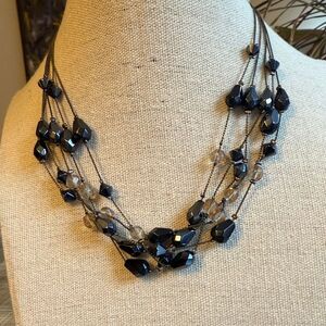 Vintage Gunmetal Grey 5 Strand Choker Necklace with Black & Smoky Faceted Beads.